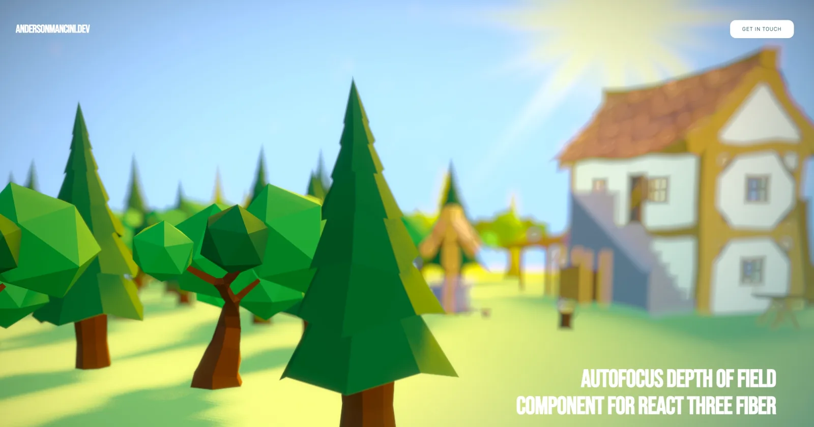 A low-poly scene with pine trees and a house, sharp in the foreground tree and blurred in the background by depth of field