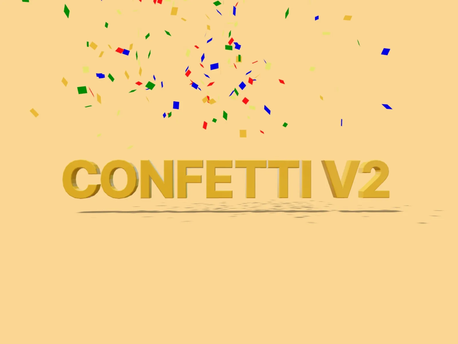 Colored paper confetti, red, green, blue and yellow, falling over the words Confetti V2 on a warm yellow background