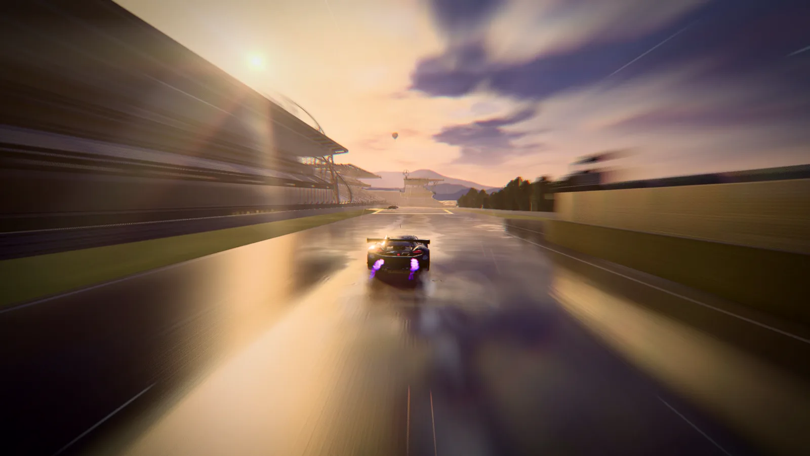 A race car far ahead on a wet straight, trailing violet exhaust flames, with the low sun flaring beside a grandstand