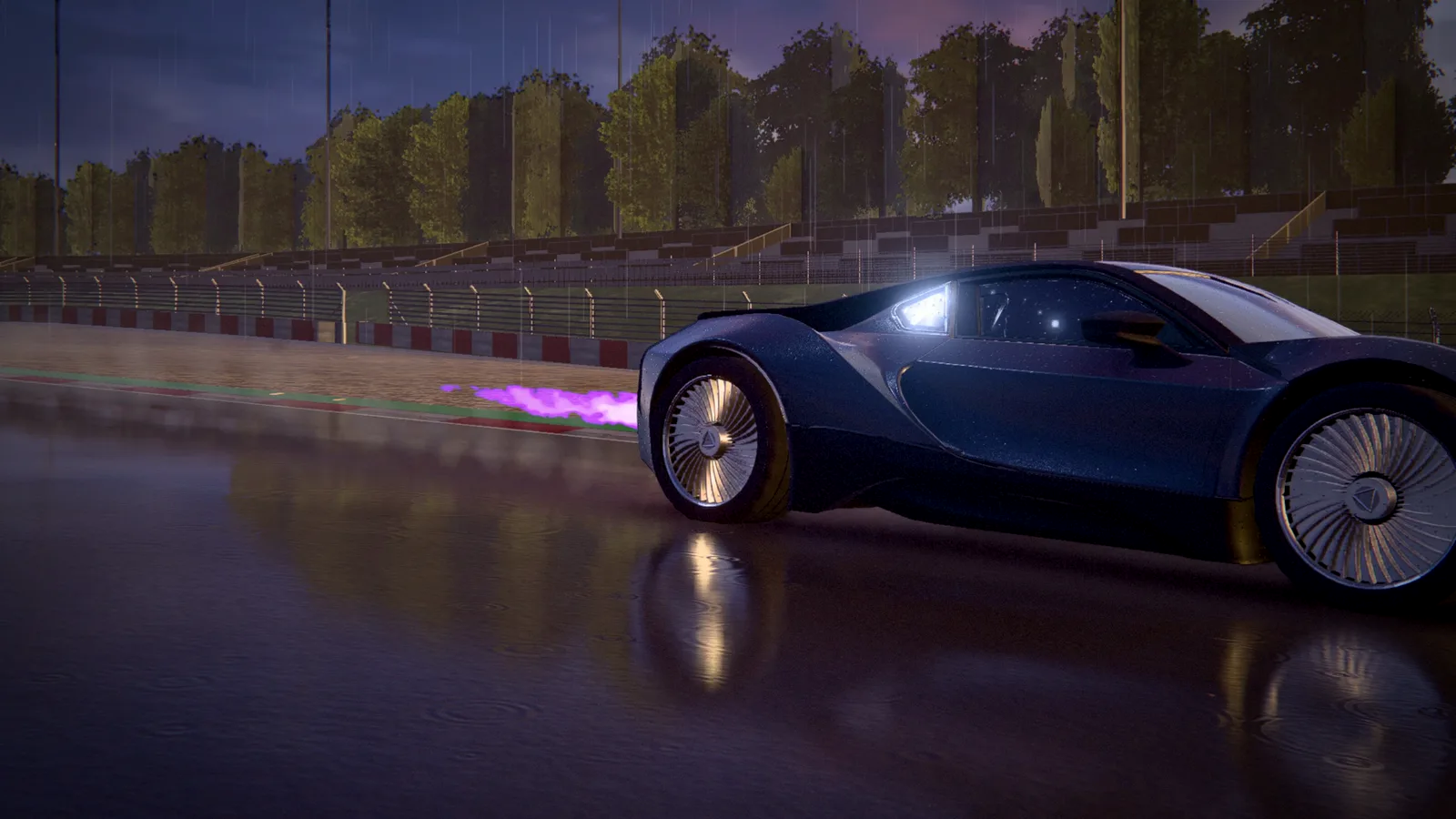 A dark blue sports car with violet flames from its exhaust at golden hour, on a wet circuit in front of grandstands