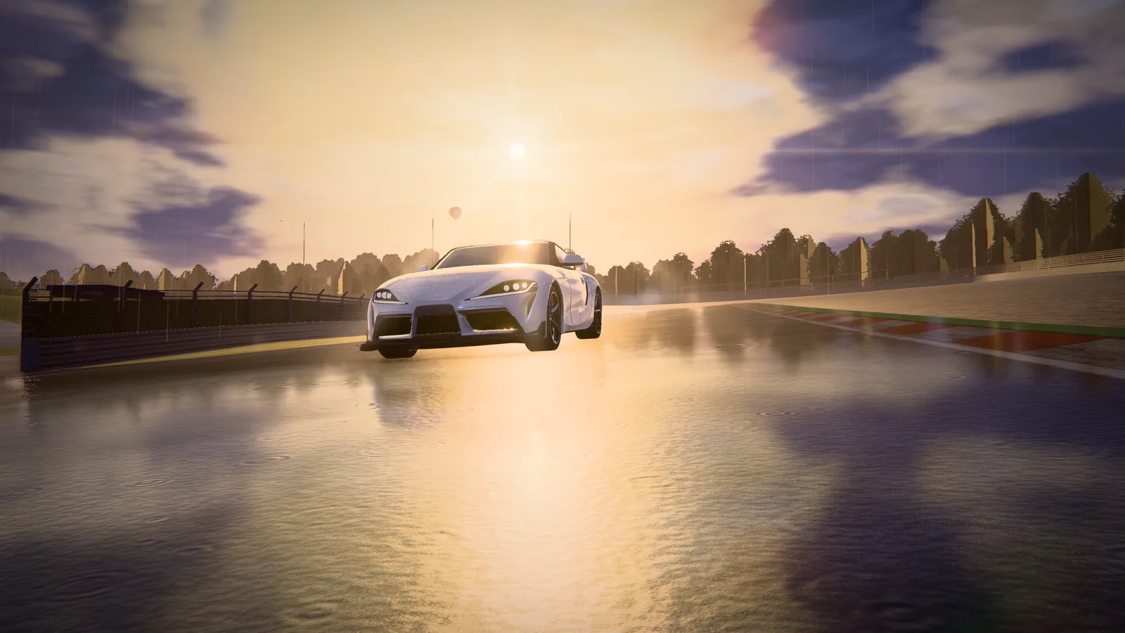 A white sports car approaching on a wet circuit, with the low sun reflected in the water on the asphalt