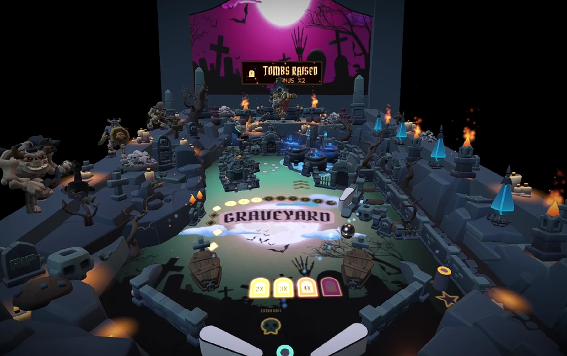 A 3D pinball table shaped like a haunted crypt, seen from above the flippers, with tombstones, cauldrons and a purple moon on the backglass