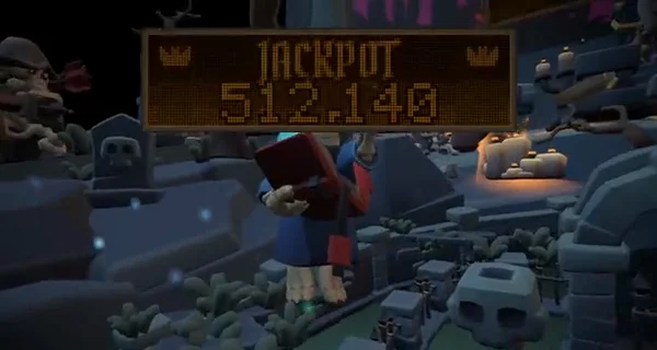 The skeleton mage reading from his book, seen in the close-up camera shot