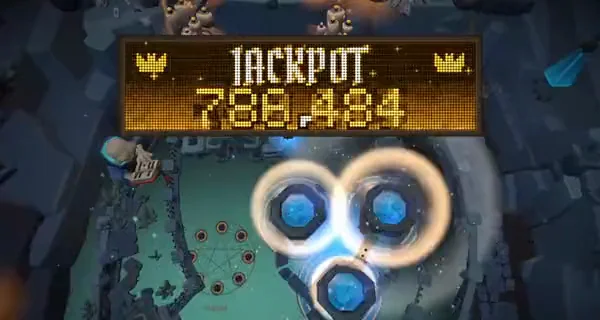 The skull portal opening during a jackpot, with the dot-matrix display over the table