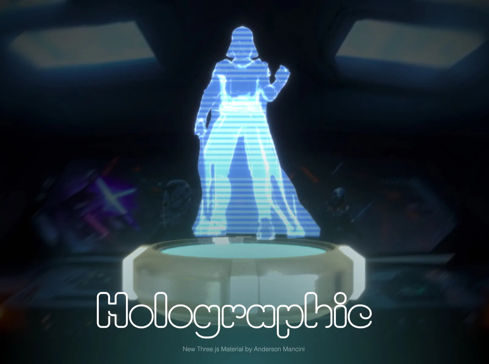 A blue hologram of a tall figure with scanlines, standing on a projector pad
