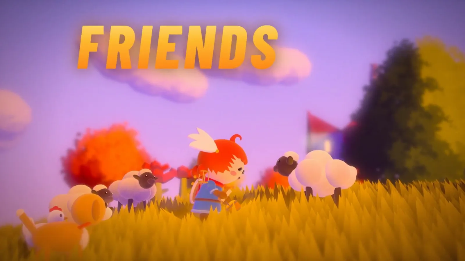 Tina in a tall golden field with two fluffy sheep and a small dog around her, the word FRIENDS over the picture