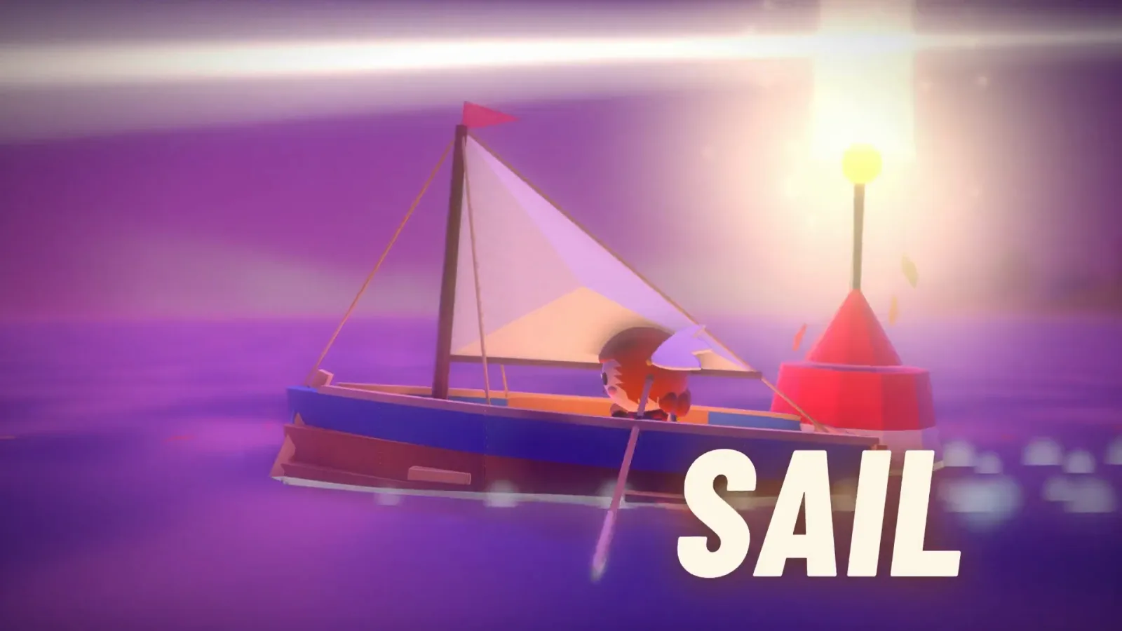 Tina sailing a small blue boat with a white sail past a red and white buoy on a purple sea, with the word SAIL over the picture