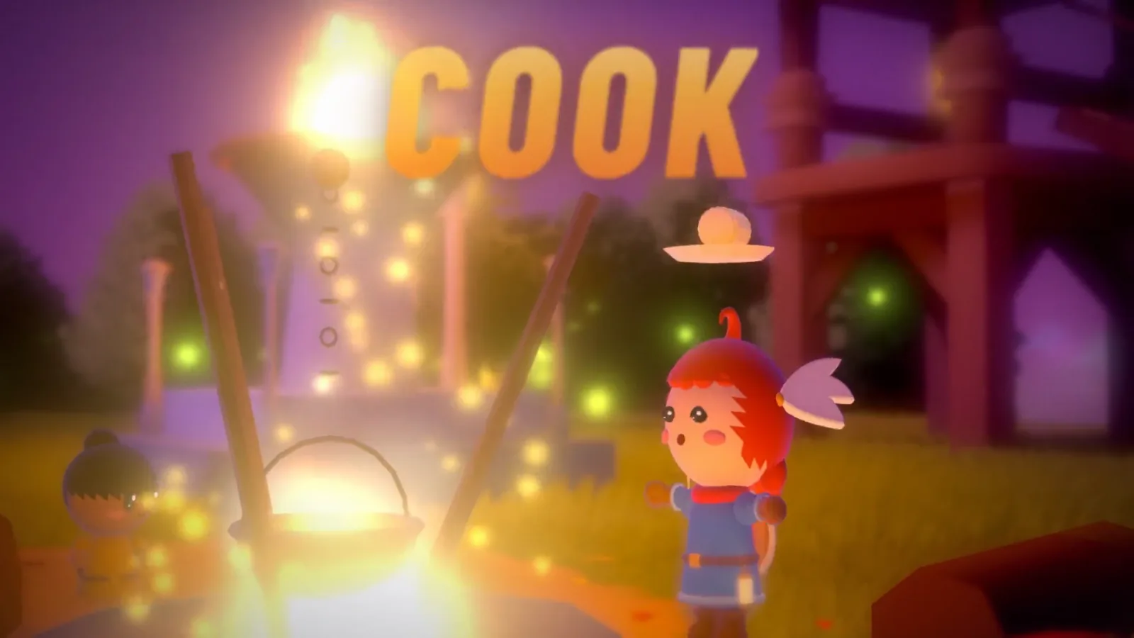 Tina next to a campfire with an iron pot, golden sparks rising from the fire, with the word COOK over the picture