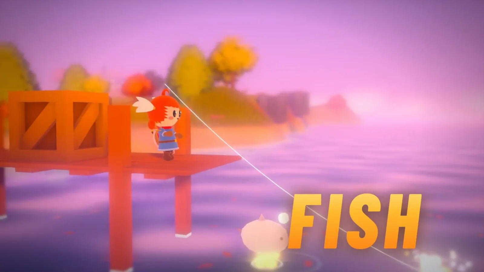Tina standing on a wooden pier at dusk with a fishing line cast into a calm pink lake, the word FISH over the water