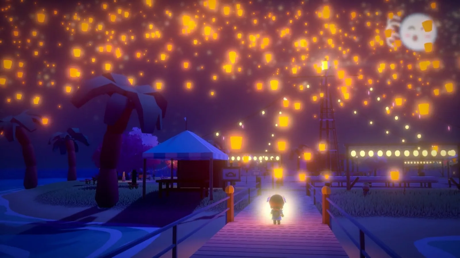 The Night of a Thousand Lights: hundreds of lanterns rising over a pier, with Tina walking toward the village