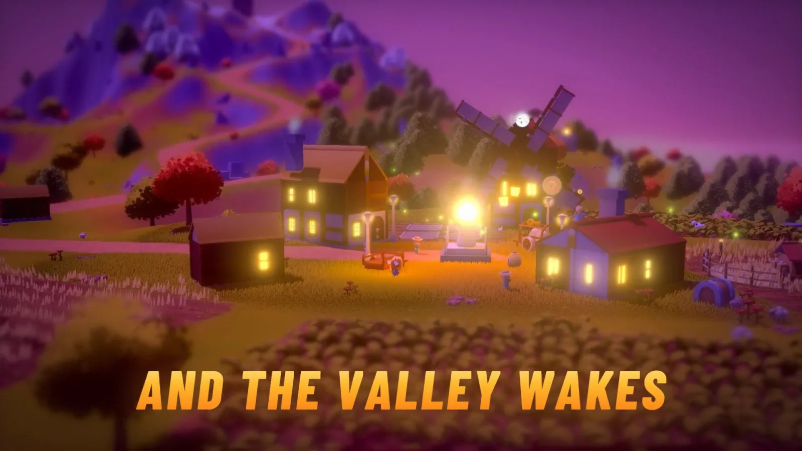 The valley's village at dusk, with lit windows, a windmill and a glowing lantern, from the game's trailer