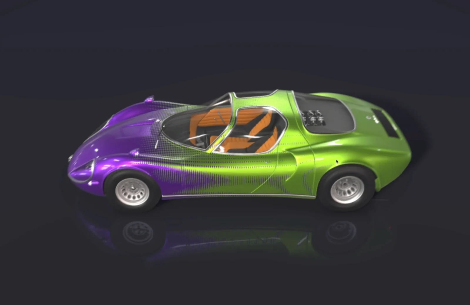 A classic sports car seen from above in the middle of a color change, purple turning into lime green with a diamond pattern in between