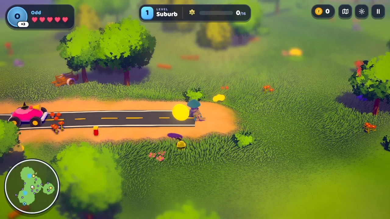 An isometric view of a green floating island with trees, a winding road, a pink car and a mushroom-shaped alien next to a glowing coin