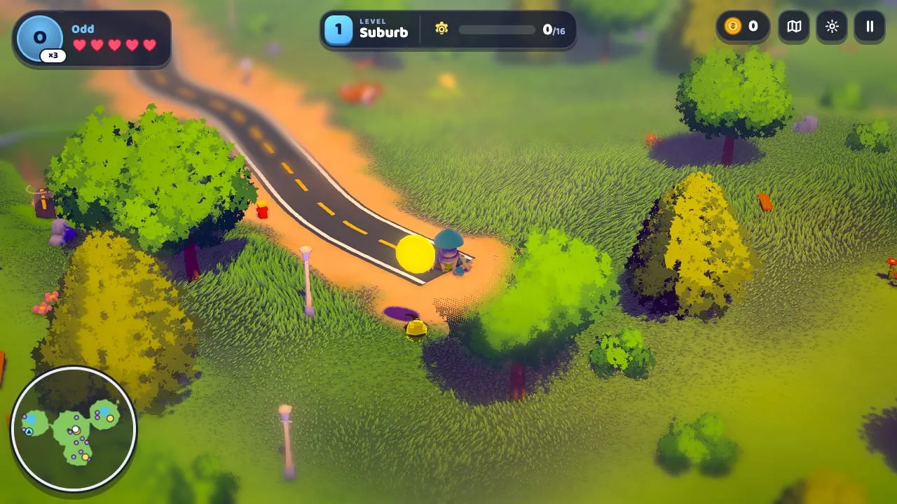 A green floating island seen from above, with a winding road and a mushroom-shaped alien