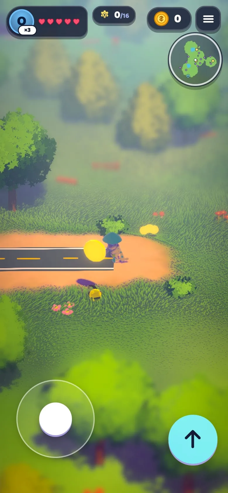 The game on a phone, with a virtual stick under the left thumb and a jump button on the right