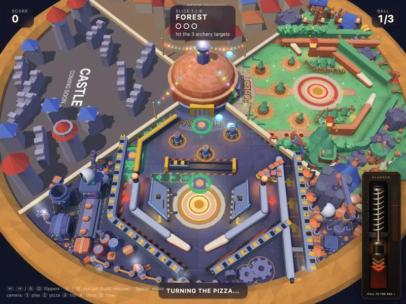 A pizza-shaped pinball table seen from above, cut into four themed slices, halfway through its turn from the forest slice to the factory slice, with the oven at its centre