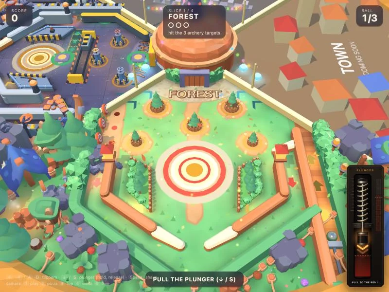 The forest slice, with archery targets, bumpers and the oven at the top
