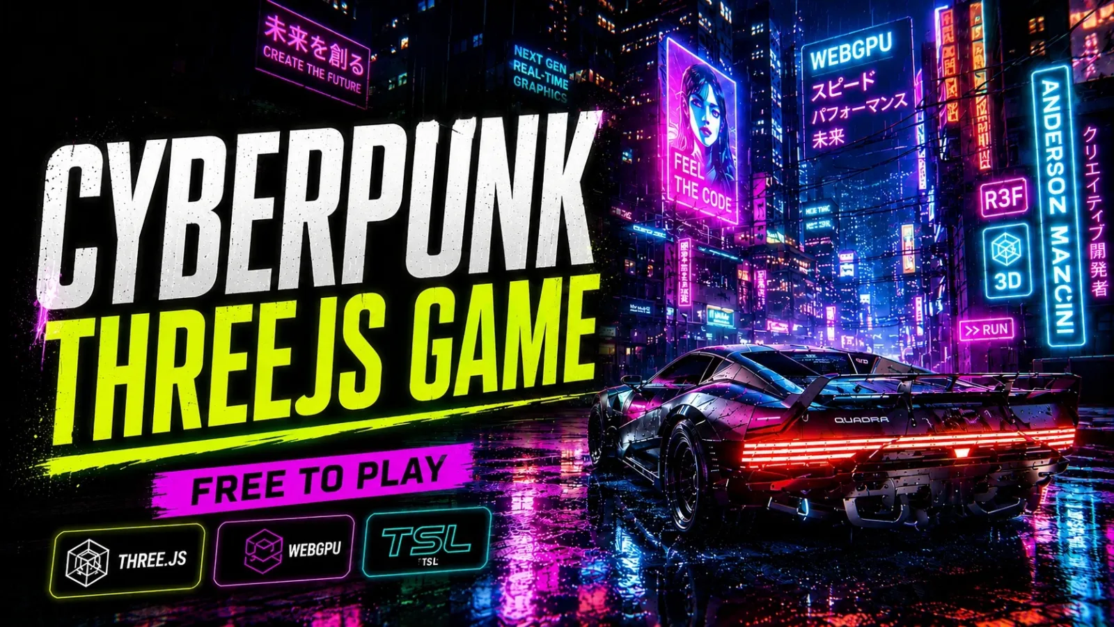 A sports car driving through a rain-soaked cyberpunk city at night, with neon signs reflected on the wet road
