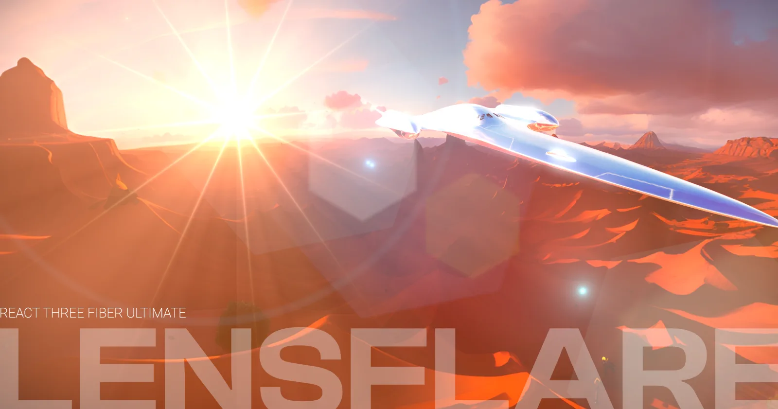 A bright sun low over a desert canyon with a six-pointed starburst, hexagonal ghosts across the frame and a chrome spaceship flying past