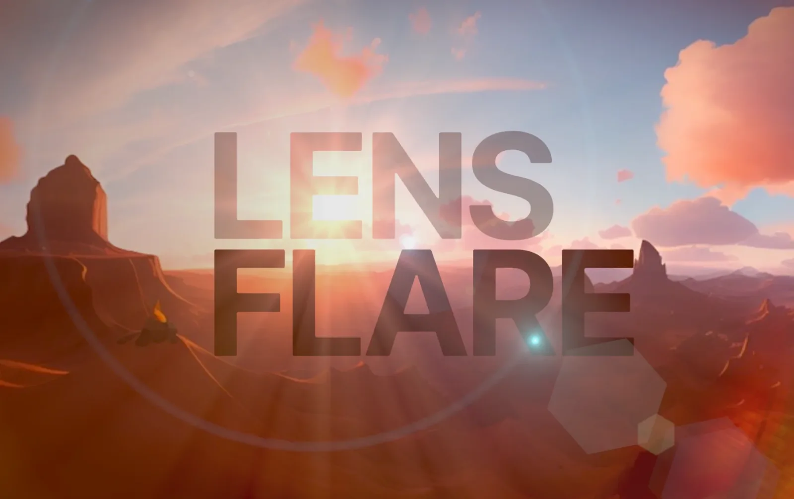 The same effect over a canyon with large text, glass and soft hexagonal ghosts