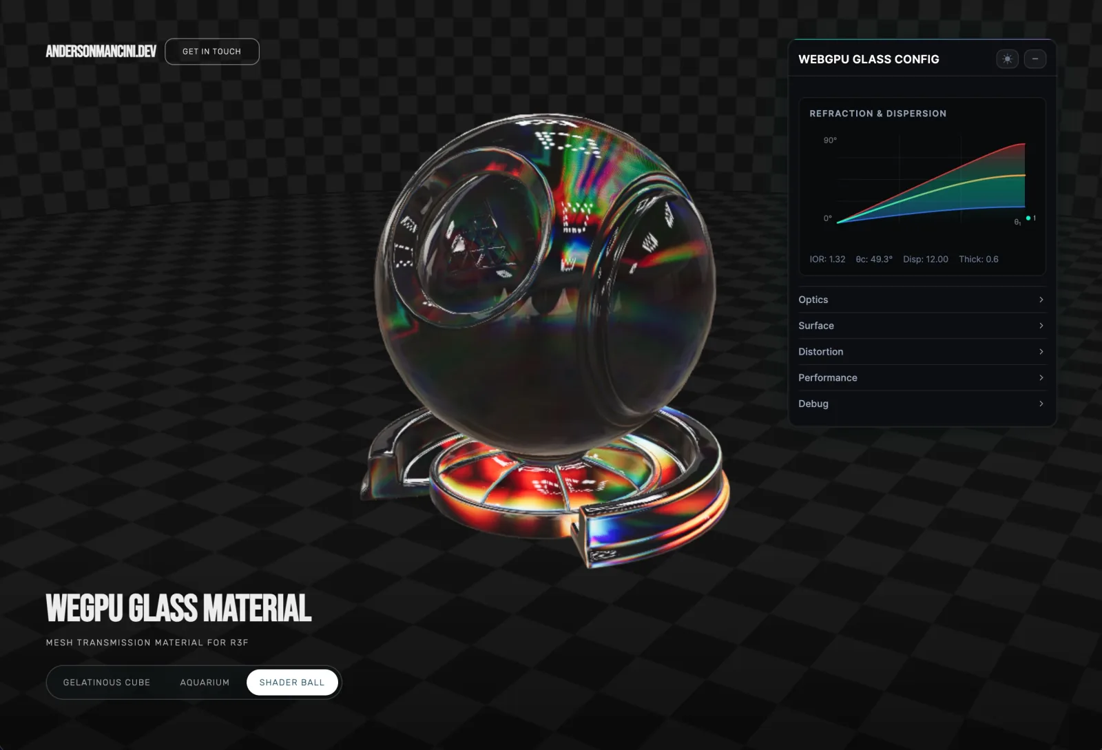 A glass shader ball on a checkerboard, with refraction, rainbow dispersion and the configuration panel