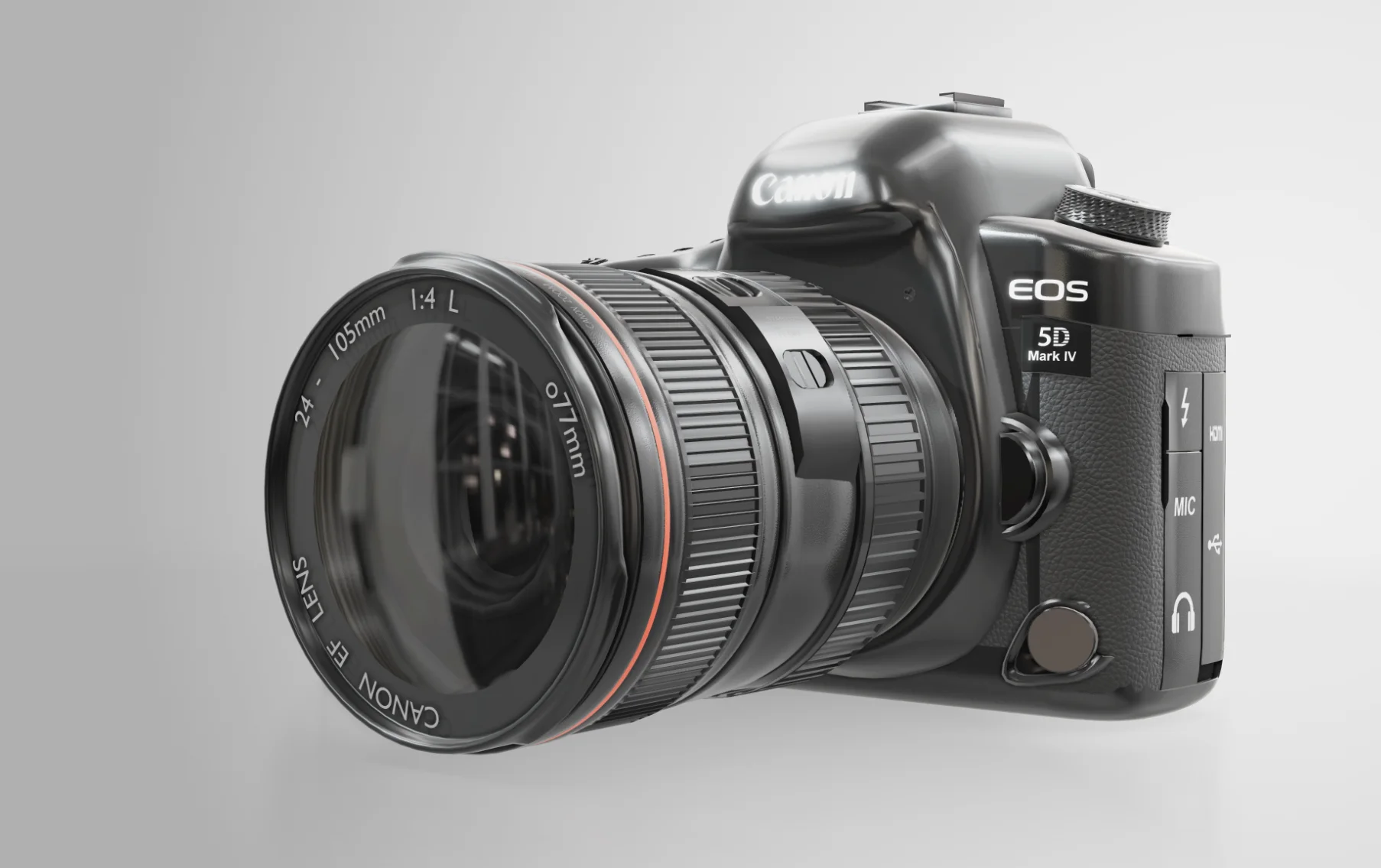 A professional DSLR camera rendered in 3D under studio lighting with glass reflections, a concept landing page