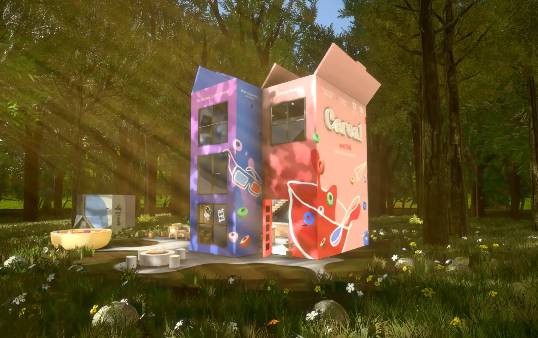 A 3D location booking scene with a small house in a stylized environment, the Cereal Stays demo
