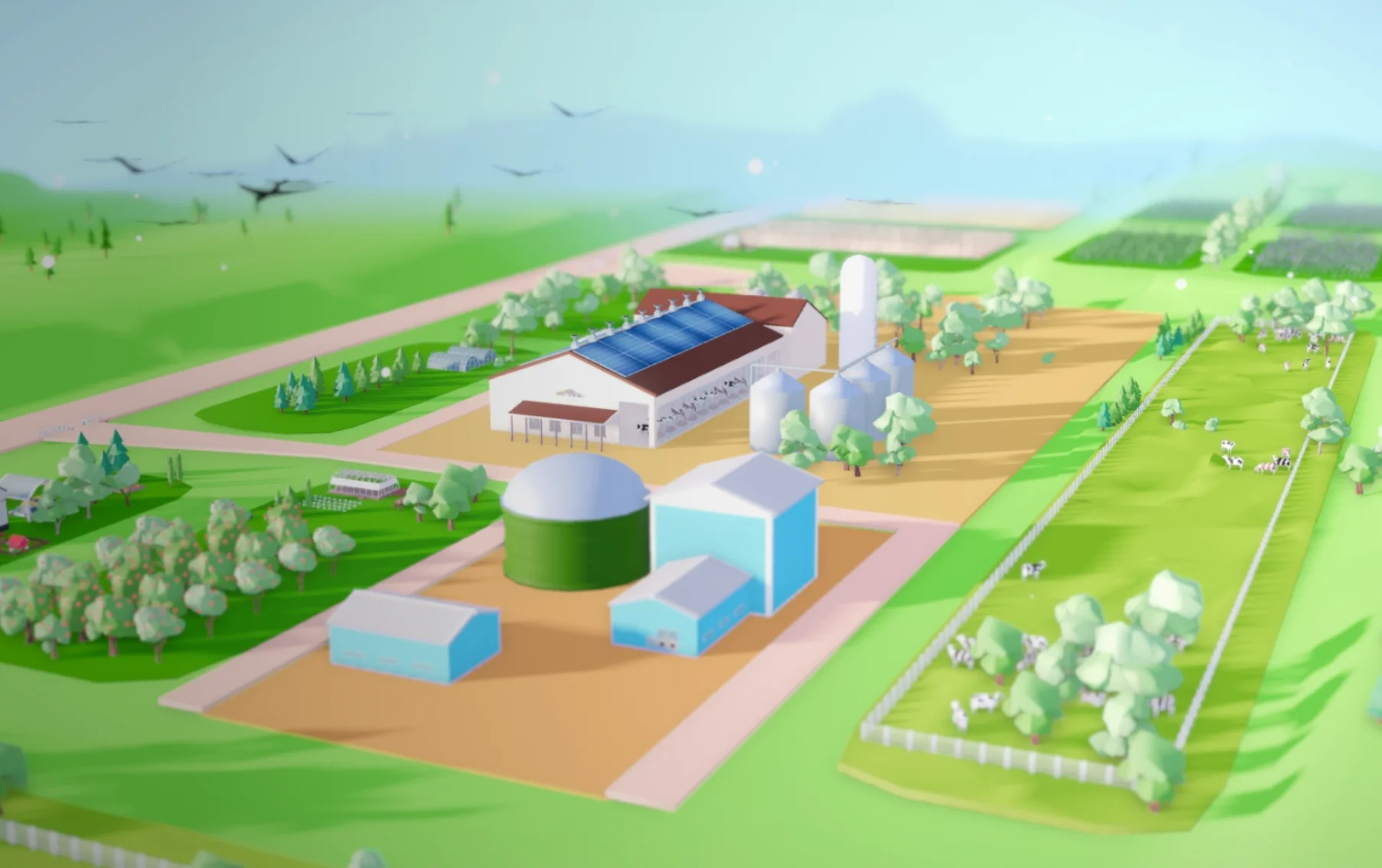 A stylized 3D farm with fields, barns and animals, an interactive sustainability experience for Dairy Farmers of Canada