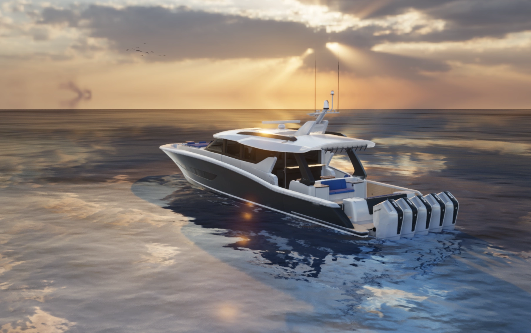 A luxury yacht on calm water at golden hour with reflections on the hull, a WebGPU boat configurator