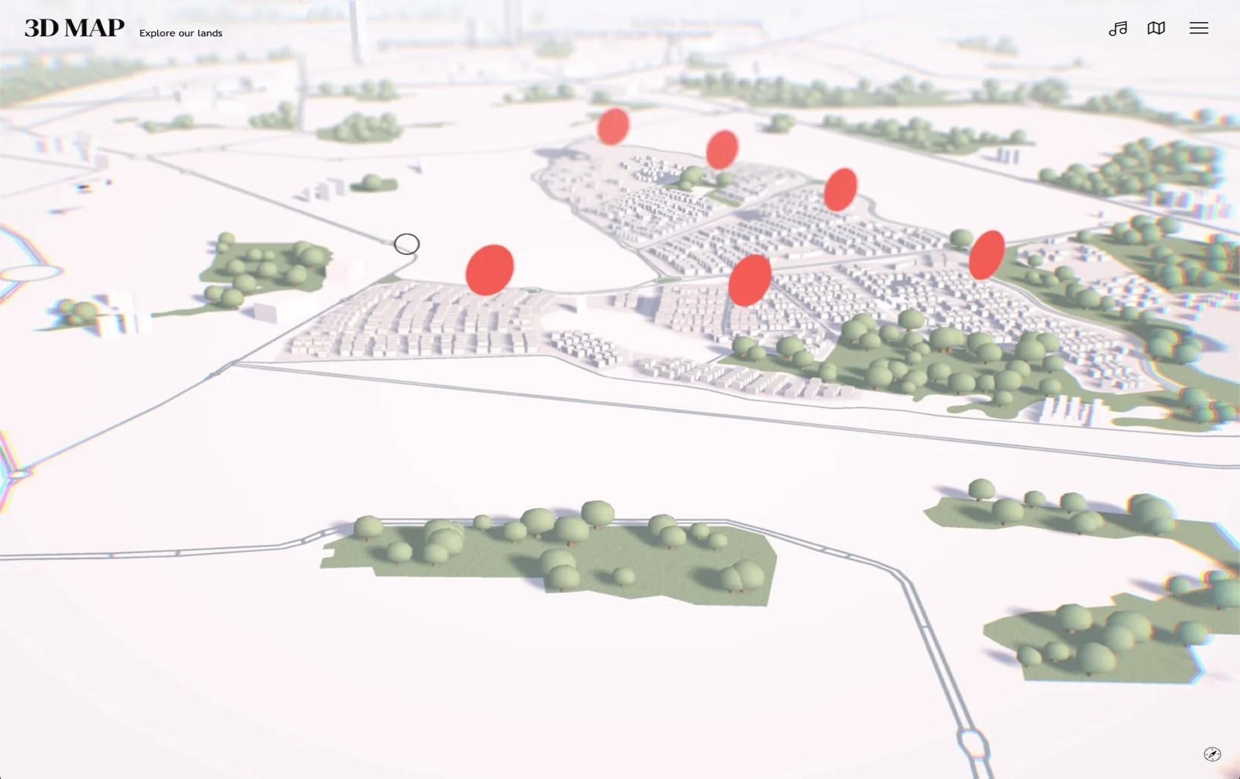 A stylized 3D map of a Brazilian city with interactive markers, an interactive map built with Three.js