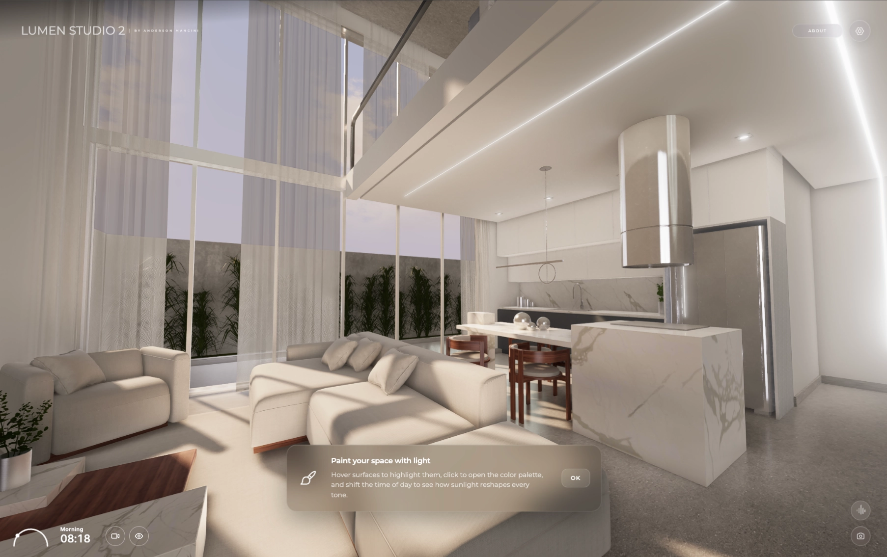 A room with furniture lit by warm light, from the Lumen Decor Studio 2 interior decoration experience