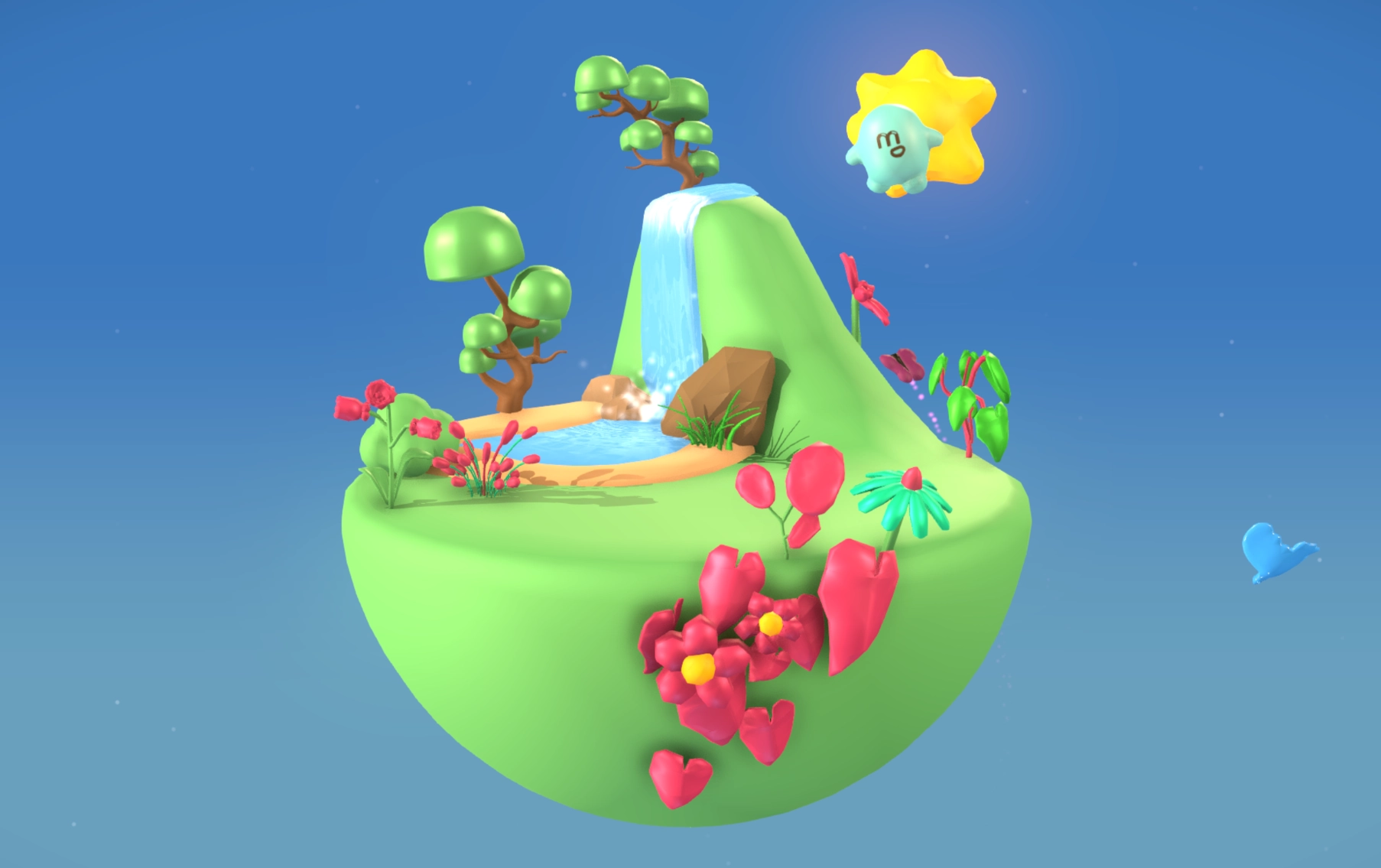 A stylized 3D landscape with a small companion character, from the Mana World experience
