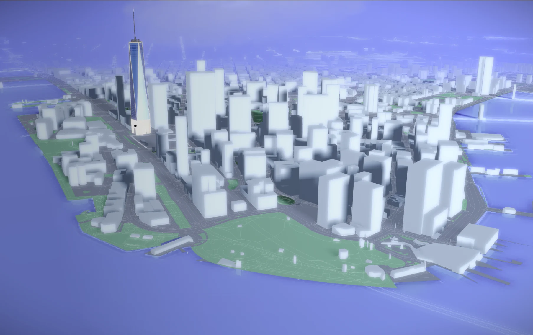 A stylized 3D New York skyline in clean blocks with soft shadows, an interactive map built with Three.js