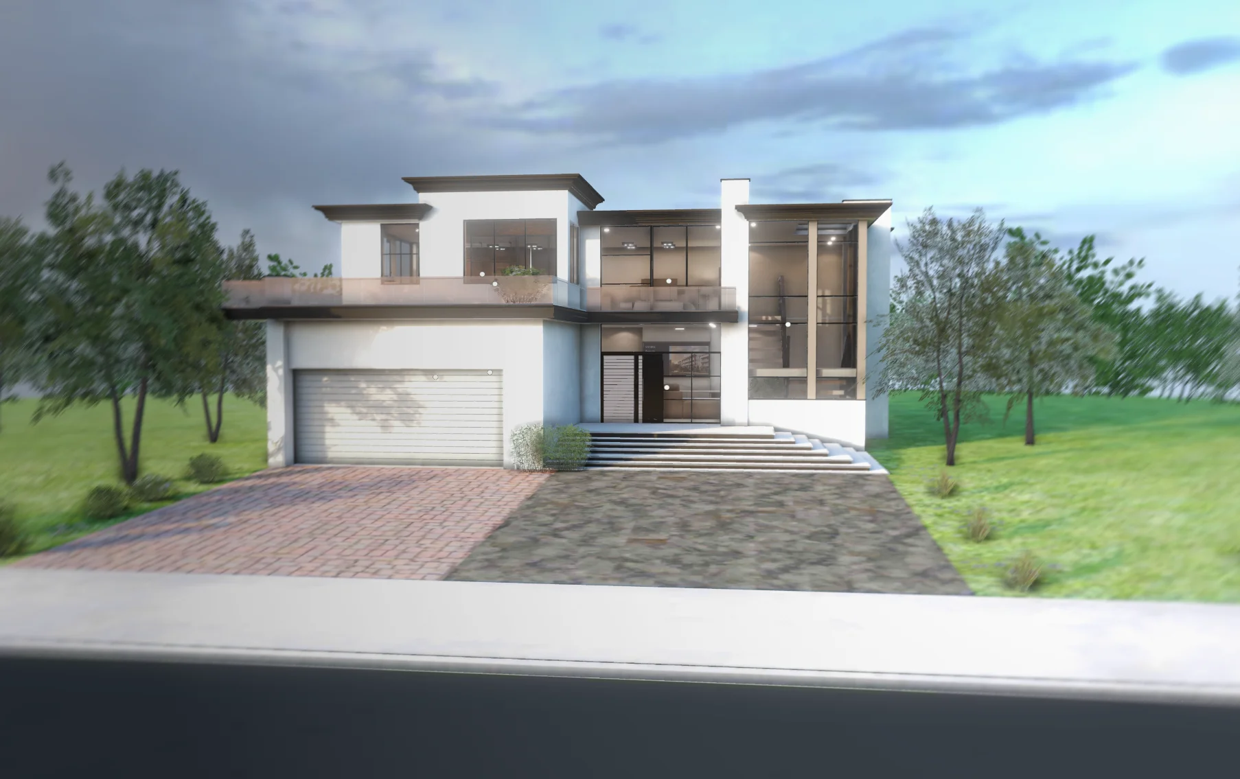 The exterior of a modern house in 3D with soft baked lighting, an architecture visualization built with React Three Fiber