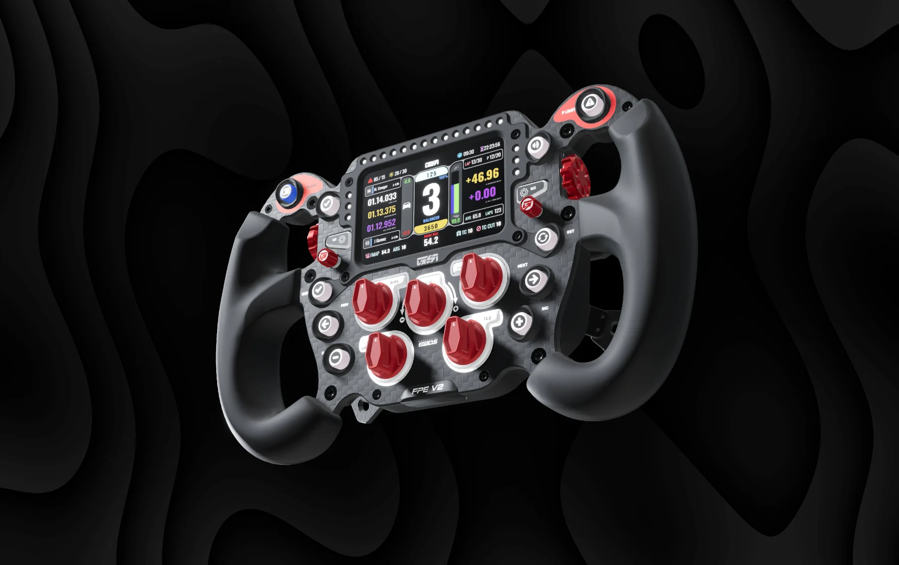 A racing steering wheel in 3D with a clean configuration interface, a product configurator built with Three.js