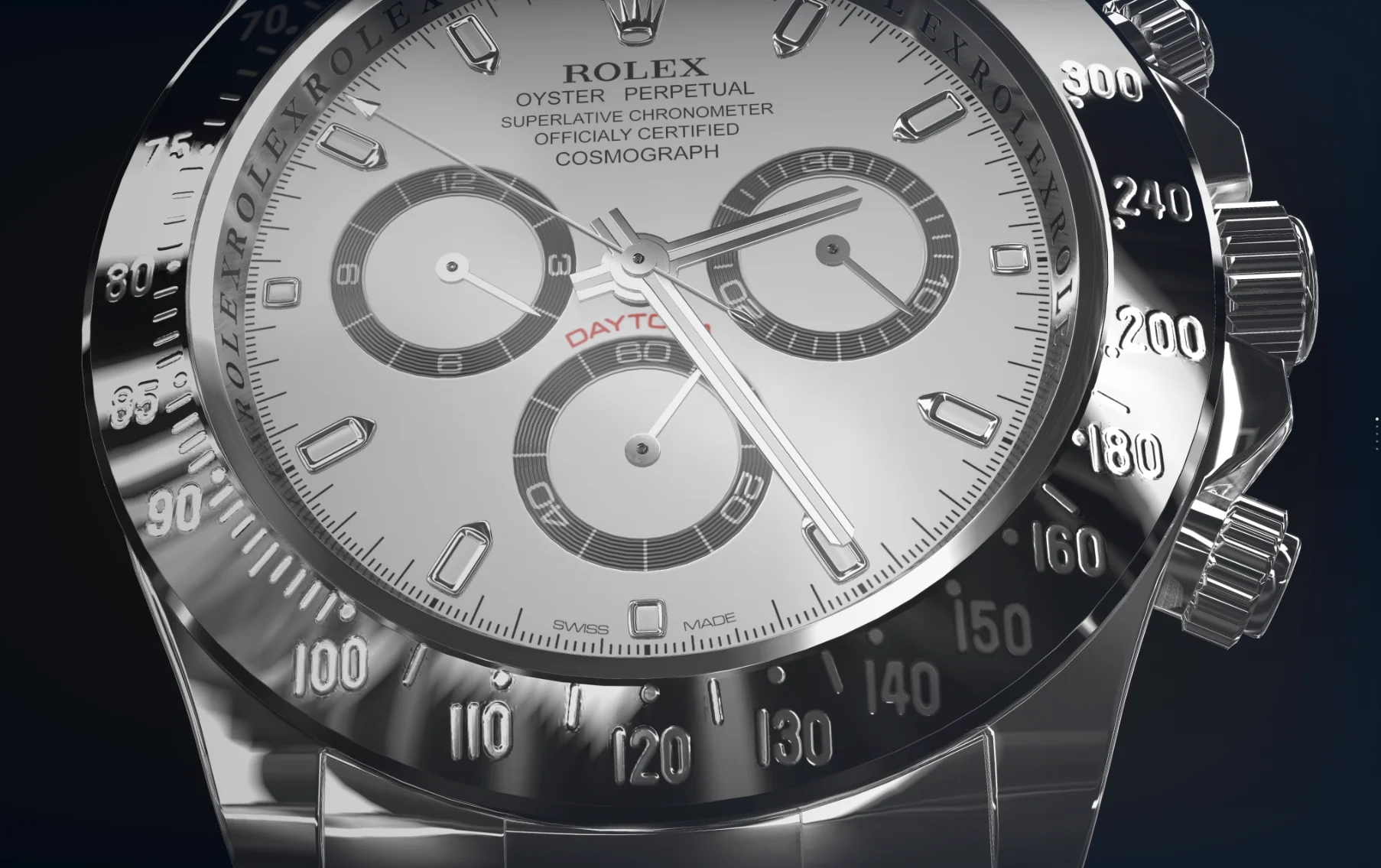 A luxury steel wristwatch with a detailed dial and polished metal reflections, a product launch concept in Three.js