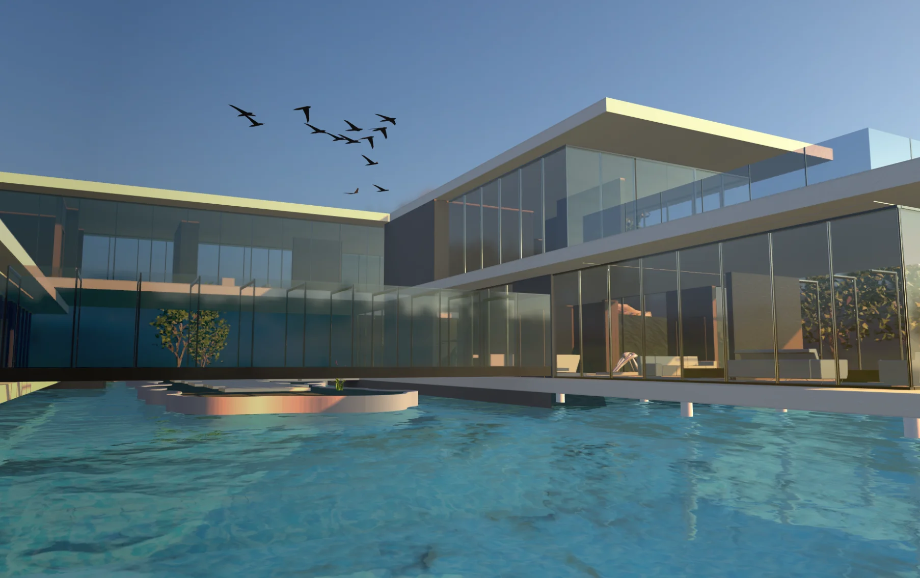 A modern house over turquoise water at golden hour with a lens flare, an architecture visualization built with Three.js