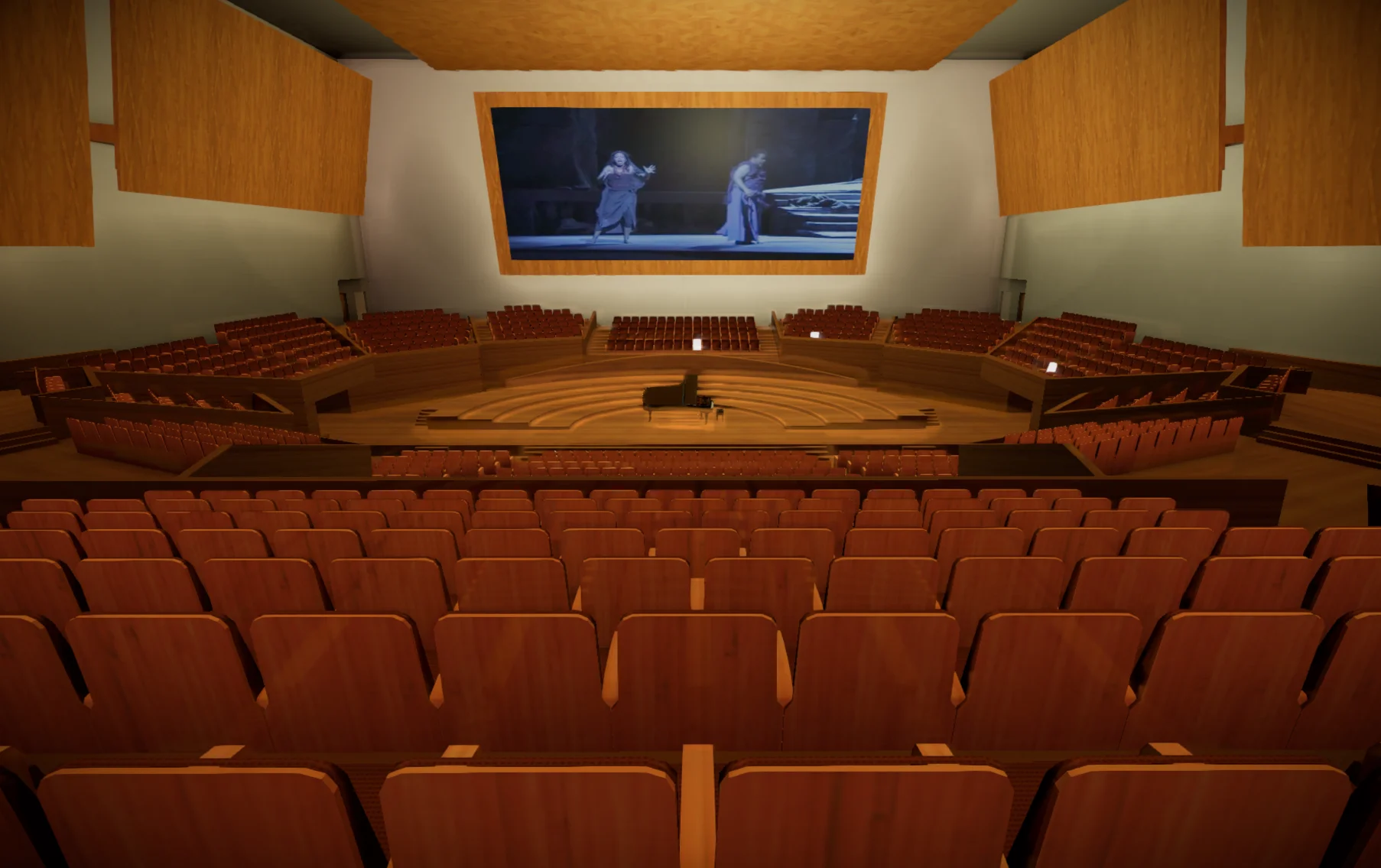 The interior of an opera house in 3D with rows of seats facing the stage, a seat selection tool