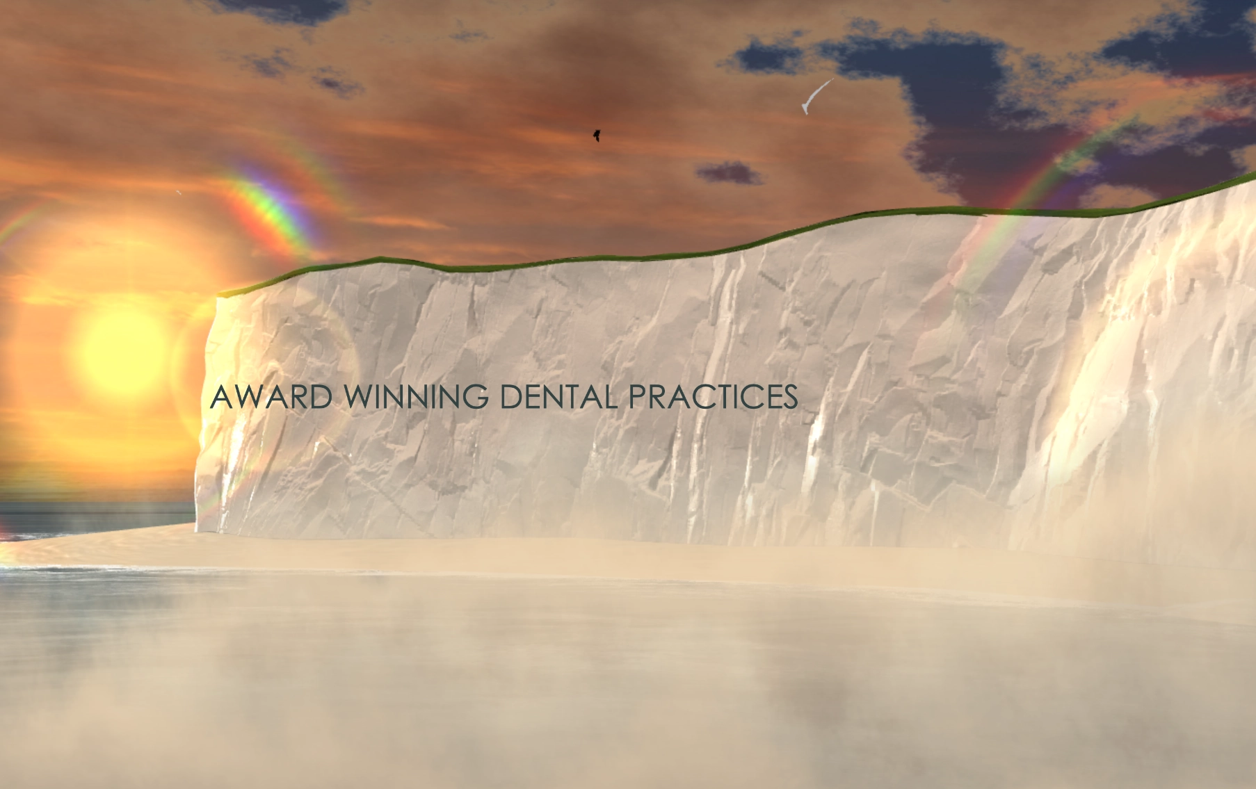 A coastal cliff in a 3D scene with clouds and warm light over the sea, the South Cliff Dental Group website