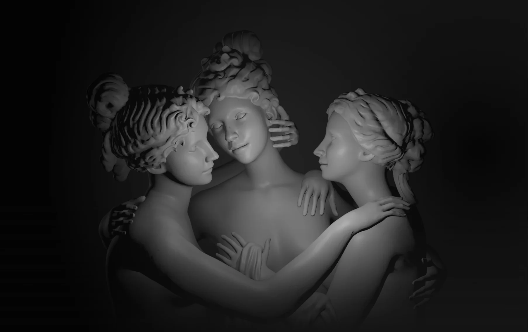 Marble statues of the Three Graces lit by a moving light on a clean museum-style landing page