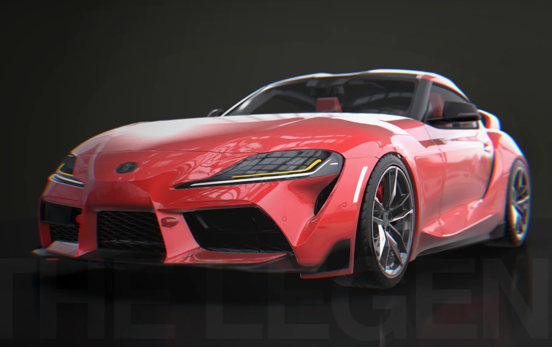 A Toyota Supra sports car rendered in 3D with glossy paint and reflections in a studio environment