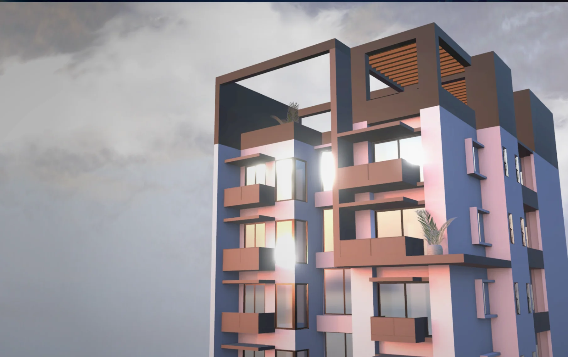 A residential building at twilight with lit windows and a warm glow, a real estate landing page built with Three.js