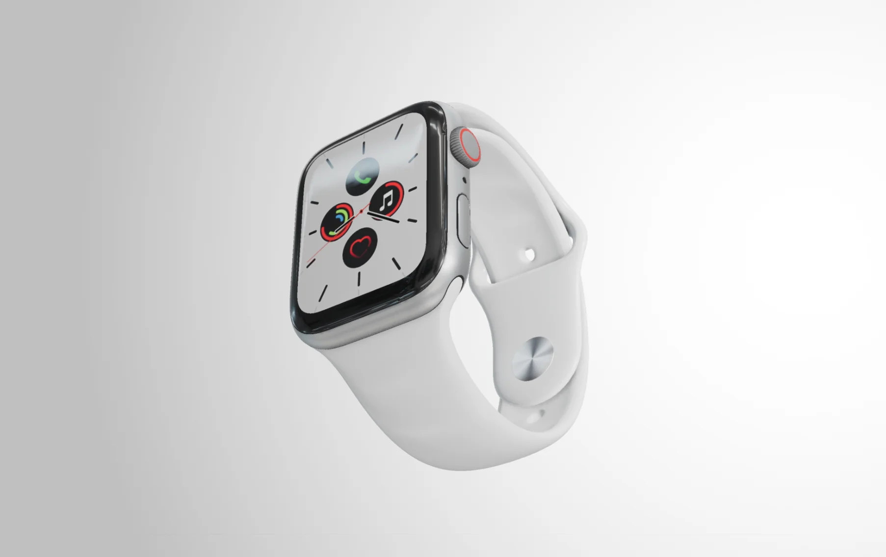 A modern smartwatch rendered in 3D with soft studio light and glass reflections, an interactive product landing page