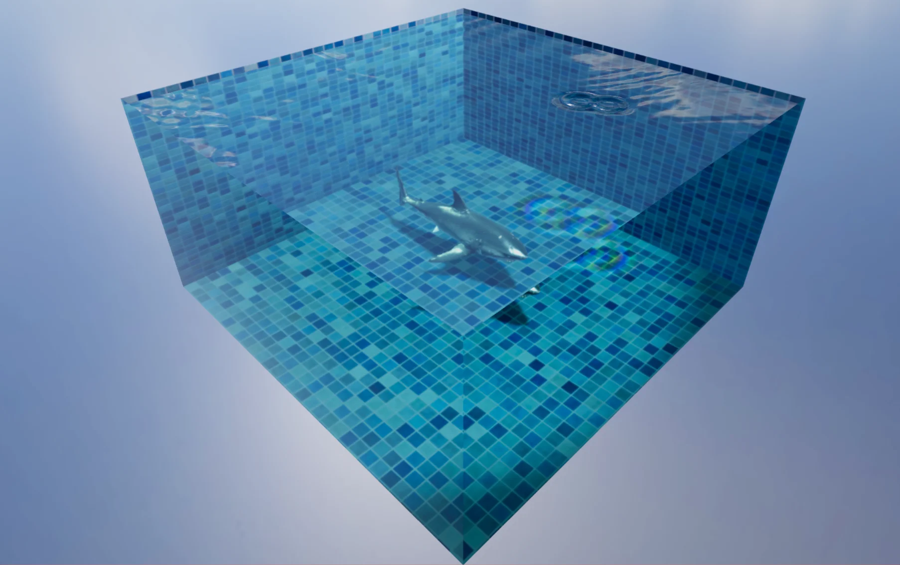 A glass-walled pool with a mosaic floor, rippling water and caustic light patterns, a WebGL water simulation